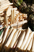 Fresh asparagus on a fruit and vegetable stall, Market, Basel, Switzerland