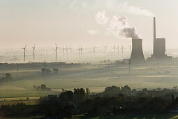 Aerial shot of coal-fired power plant and and wind turbines, Mehrum, Lower Saxony, Germany