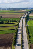 aerial of the autobahn A7 and wind turbines, near Hanover, Lower Saxony, Germany