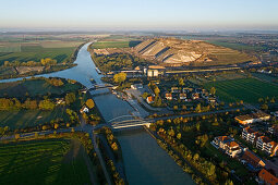 Aerial shot of the Mittellandkanal (midland canal) and stockpile, Sehnde, Lower Saxony, Germany