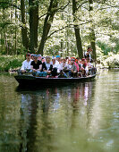 Traditional Spreewald boat, punt driven by pole, full of pirates, tour from Lübbenau, Upper Spreewald, biosphere reservat, Spreewald, Brandenburg, Germany