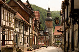 Saigertower and half-timbered houses, Stolberg, Saxony-Anhalt, Germany