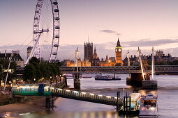 View from Waterloo Bridge towards the  Houses of Parliament, Big Ben and London Eye, London, England, Europe