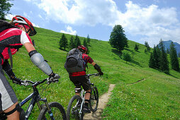 Junge Frau und Mann beim Mountainbiken über Almwiese, Wendelsteinregion, Bayerische Voralpen, Bayerische Alpen, Oberbayern, Bayern, Deutschland
