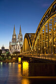 Cologne Cathedral and Hohenzollern Bridge at night, Cologne, North Rhine-Westphalia, Germany