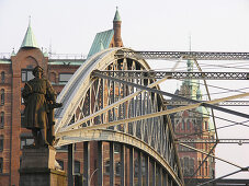 Kornhaus bridge with statue of Christopher Columbus, Hamburg, Germany