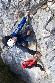 Couple in a fixed rope route, Hohe Wand, Lower Austria, Austria