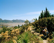 Blick auf Tidenflächen und Menschen in idyllischer Landschaft, Golden Bay, Nordküste, Südinsel, Neuseeland
