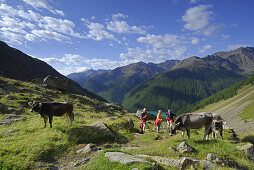 Group of hikers descending from alpine lodge Similaunhuette to reservoir Vernagtsee, Oetztal range, South Tyrol, Italy