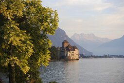 Chillon Castle at Lake Geneva, Dents Du Midi, Veytaux, Vaud, Switzerland