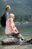 Young couple at lake Eibsee, Werdenfelser Land, Bavaria, Germany