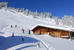 Backcounty skiiers near alpine hut, Wiedersberger Horn, Kitzbuehel Alps, Tyrol, Austria