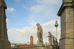 figures on the tower of the Stadthaus Berlin, TV tower, Rotes Rathaus, Berlin