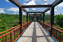 Deserted wooden bridge in front of the main building of Hotel Four Seasons, Sayan, Ubud, Central Bali, Indonesia, Asia
