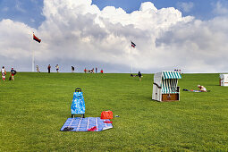 Beach chair on dyke, Nordstrand Island, North Frisian Islands, Schleswig-Holstein, Germany