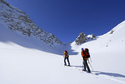 Two backcountry skiers ascending, Tajatoerl, Mieminger range, Tyrol, Austria