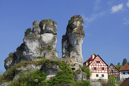 Half-timbered houses near rocks, Tuchersfeld, Franconian Switzerland, Upper Franconia, Bavaria, Germany