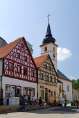 Half-timbered houses and church, Pottenstein, Upper Franconia, Bavaria, Germany