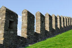 Defence walls of castle Castelgrande in UNESCO World Heritage Site Bellinzona, Bellinzona, Ticino, Switzerland