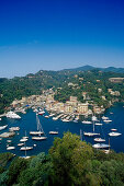 View at the marina under blue sky, Portofino, Liguria, Italian Riviera, Italy, Europe