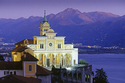 The illuminated church Madonna del Sasso in the evening, Locarno, Lago Maggiore, Ticino, Switzerland, Europe