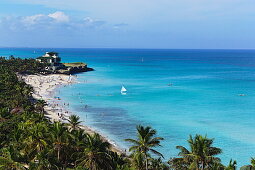 View along sandy beach to Villa Dupont, Varadero, Matanzas, Cuba, West Indies