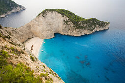 High angle view at the Shipwreck Beach in the sunlight, Zakynthos, Ionian islands, Greece, Europe