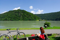 Frau sitzt auf einer Bank an der Donau, Schlögener Schlinge, Donauradweg Passau Wien, Schlögen, Oberösterreich, Österreich