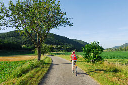 Female cyclist riding along road, Danube Cycle Route Passau to Vienna, Wachau, Lower Austria, Austria