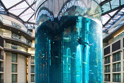 the 5 star Radisson SAS Hotel features the world's largest cylindrical aquarium. entrance to Aqua Dom, a diver cleans the tank, Berlin, Germany
