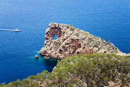 View at ocean and rocky coast, Punta de Sa Foradada, Northwest Coast, Mallorca, Balearic Islands, Mediterranean Sea, Spain, Europe