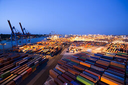 High angle view of container port at night, Port of Hamburg, Germany