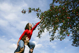 Woman on man's shoulders, reaching for an apple, Styria, Austria
