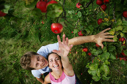 Couple under an apple tree, woman reaching for an apple, Styria, Austria
