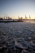 Frozen river Elbe in sunset, Hamburg, Germany