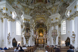 Interior view of the Wies church, Wieskirche in Steingaden, Pfaffenwinkel, build from 1745–1754 by brothers Johann Baptist and Dominikus Zimmermann, UNESCO world cultural heritage, Bavaria, Germany, Europe