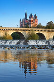 View over Lahn river with bridge to cathedral, Limburg, Hesse, Germany