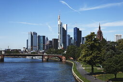 View over river Main with Old Bridge to skyline, Frankfurt am Main, Hesse, Germany