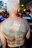 Man wearing a tattoo of the football stadium, Football world cup final draw, 04.12.2009, fans celebrate the drawing of the first round, Long street, Capetown, Western Cape, South Africa, Africa