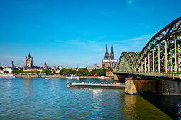 View over river Rhine with Hohenzollern bridge to old town, Cologne, North Rhine-Westphalia, Germany