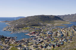 View at coastal town Qaqortoq in the sunlight, Kitaa, Greenland