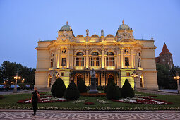 The theater Teatr Slowackiego at dusk, Krakow, Poland, Europe