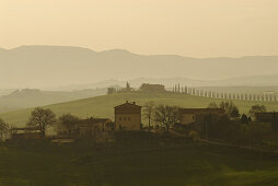 Trees and houses on rolling hills with cypresses in spring, Le Crete sienese, Tuscan landscape, Tuscany, Italy, Europe