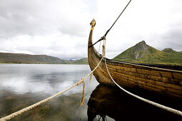 Viking ship on a lake, viking museum, Borge, Lofoten, Norway, Scandinavia, Europe