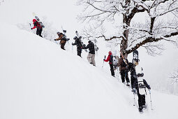 A group of people with Snowboard and Snowshoes hike up to the Grindelgrat, Reichenbachvalley, Bernese Oberland, Switzerland