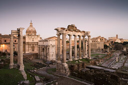 View from Piazza del Campidoglio towards Temple of Saturn and arch of Septimius Severus, Roman Forum, Rome, Italy, Europe
