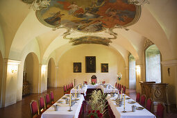 Dining room in the former Cistercian monastery of Zlata Koruna, Cesky Krumlov, South Bohemian Region, Czech Republic