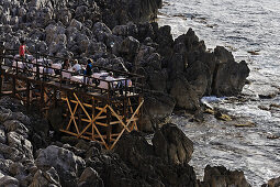 Open-air restaurant on a jetty, Cefalu, Sicily, Italy