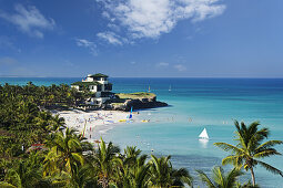 View along sandy beach to Villa Dupont, Varadero, Matanzas, Cuba, West Indies