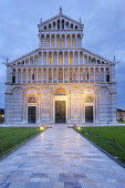 Illuminated cathedral with portal, Pisa, UNESCO world heritage site, Tuscany, Italy